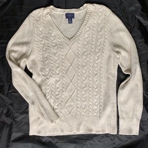 Chaps classic cable knit v-neck sweater with gold metallic threading